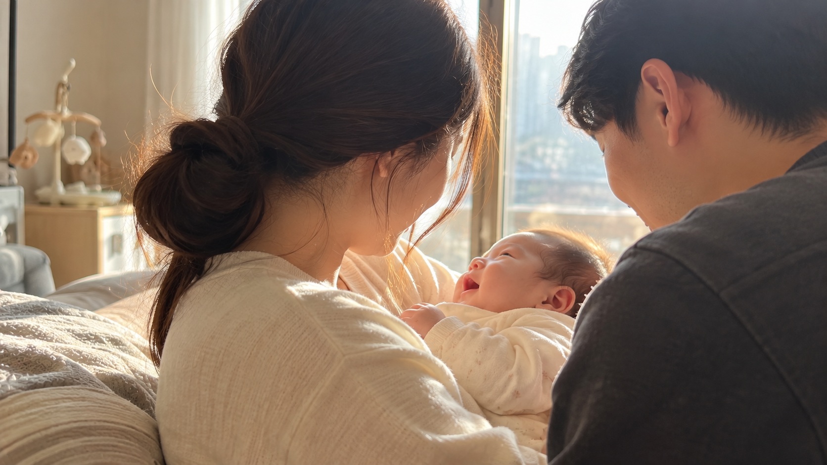 따뜻한 햇살이 들어오는 집에서 엄마와 아빠가 신생아를 품에 안고 다정하게 바라보는 모습