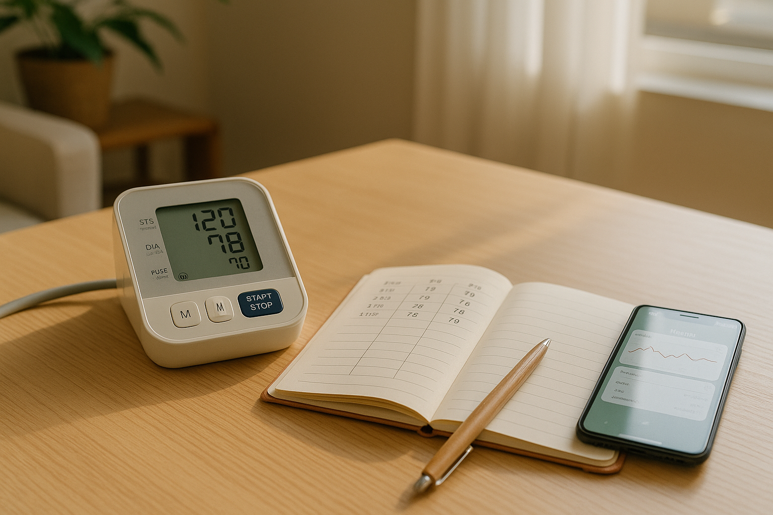 노트북 옆에 혈압계와 샐러드가 놓인 깔끔한 작업 공간