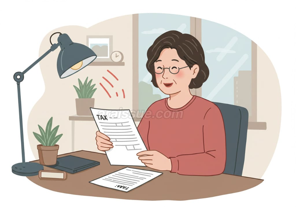 치매 치료비 세액 공제 혜택을 확인하는 한국 중년 여성. 의료비 공제 항목과 관련된 서류를 검토하는 장면입니다.