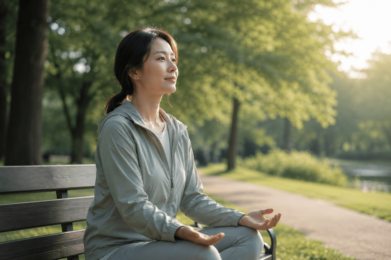 과거의 후회와 미래의 불안에서 벗어나 현재에 집중하는 여성
