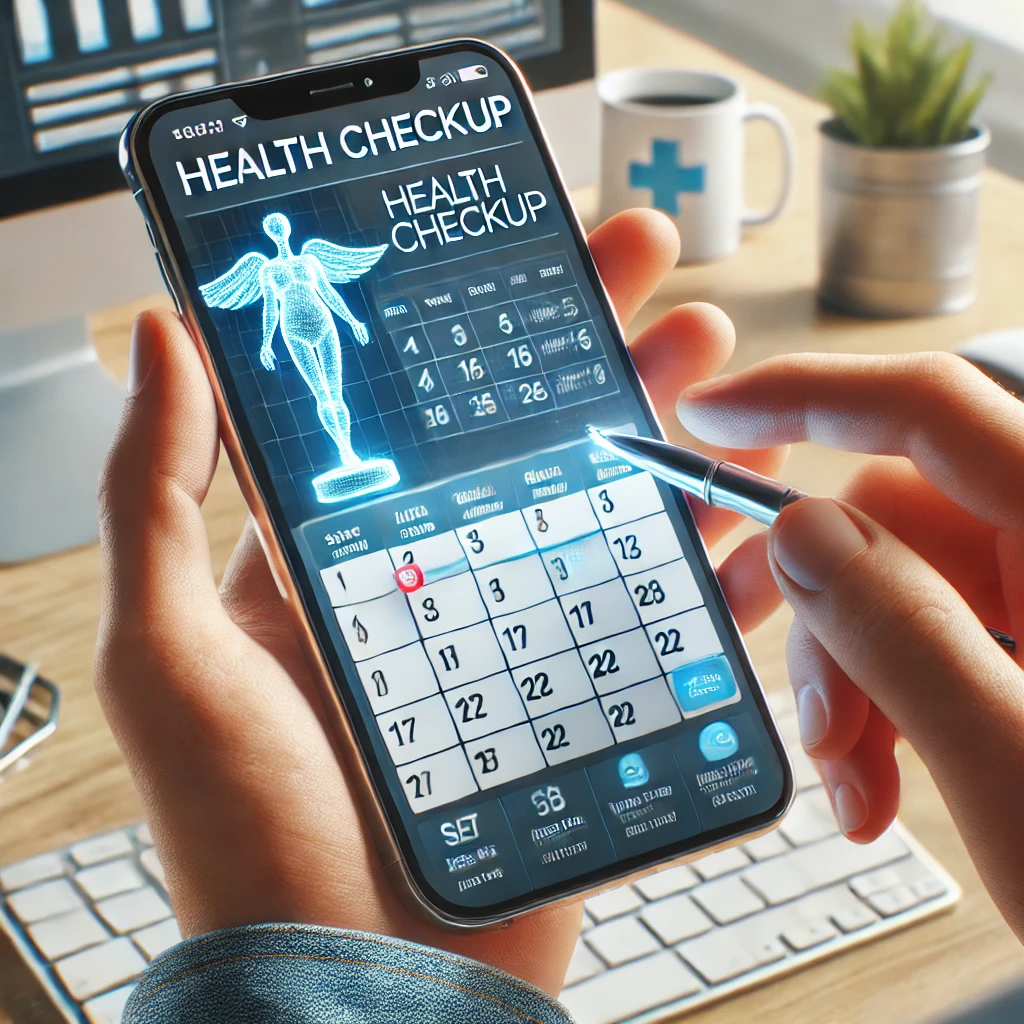 스마트폰 캘린더에 건강검진 일정을 추가하는 사람. 캘린더 화면에 예약 세부사항이 강조 표시되어 있으며&amp;#44; 배경에는 노트북과 커피잔이 놓인 책상이 있는 밝은 방