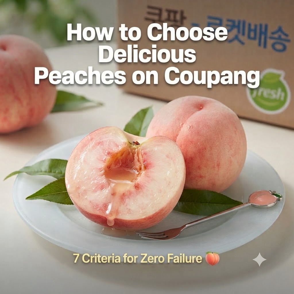 "A delicious peach photo on a white plate with a Coupang Rocket Delivery box in the background. Juices are dripping from the cross-section of a sliced peach, and next to it lies a whole peach and a small fork with a peach-shaped handle. At the top, the text reads 'How to Choose Delicious Peaches on Coupang', and at the bottom, '7 Criteria for Zero Failure 🍑'."