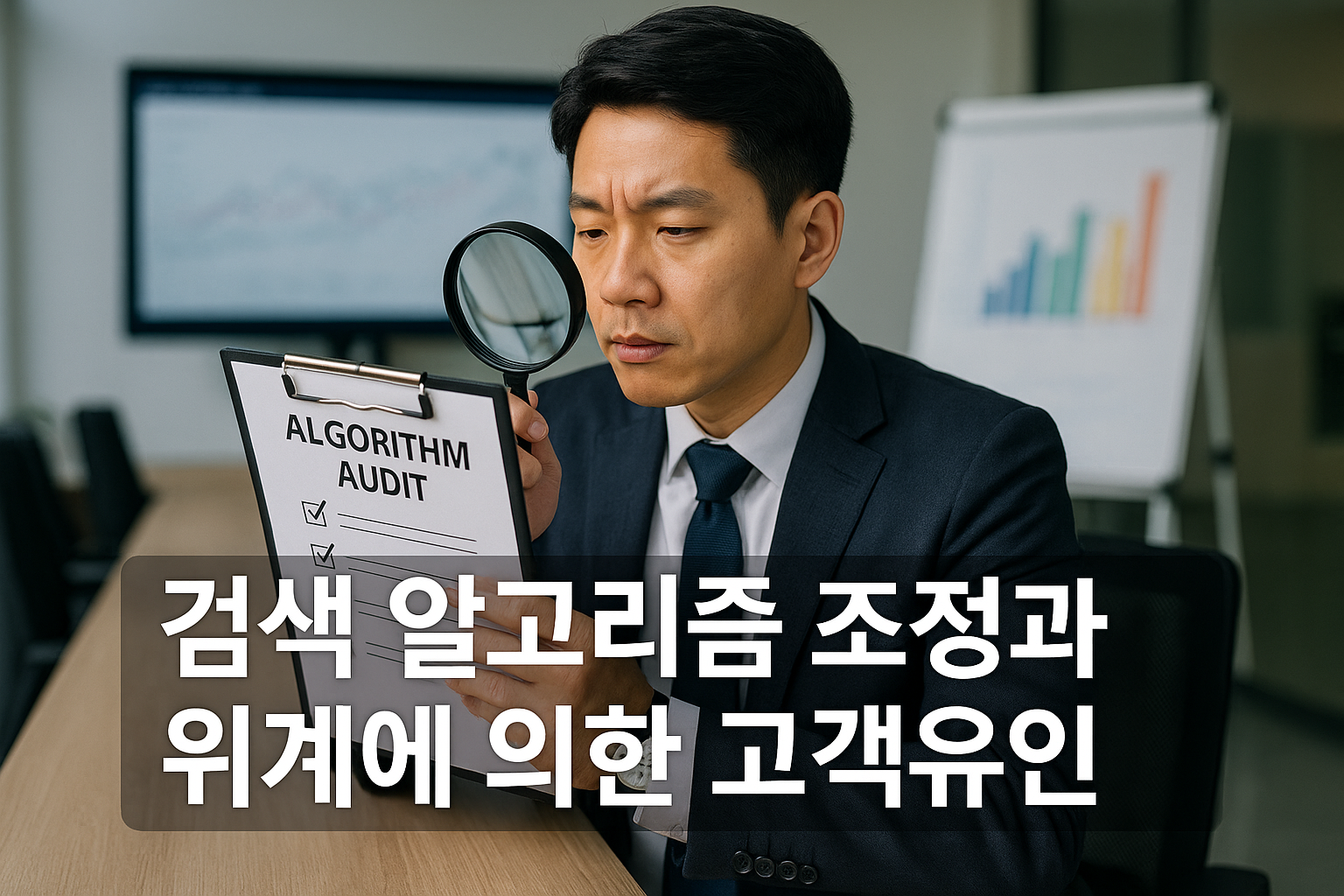 현대 사무실에서 데이터 분석가가 알고리즘 감사 보고서를 검토하며 돋보기를 들고 집중하는 모습, 검색 알고리즘 조정과 위계에 의한 고객유인 판단을 다룬 대법원 2025년 판결의 핵심 메시지를 시각적으로 표현.
