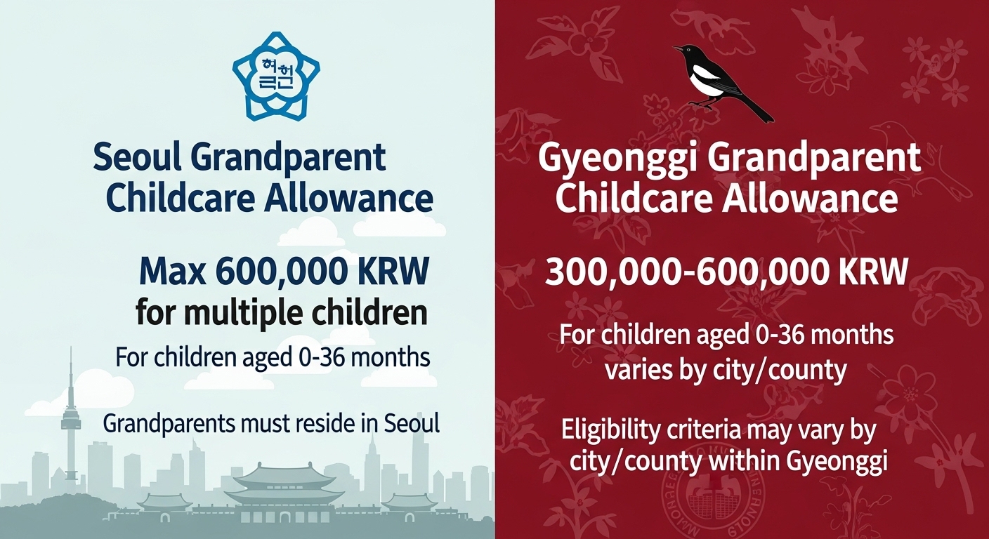 서울시와 경기도의 조부모 돌봄수당 지원 금액과 조건을 비교하는 인포그래픽.