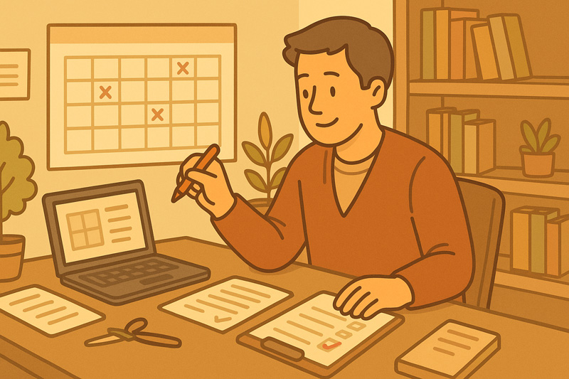 책상에 앉은 30대 남성이 시험 준비를 위해 체크리스트를 점검하고 노트북을 보며 계획을 세우는 모습