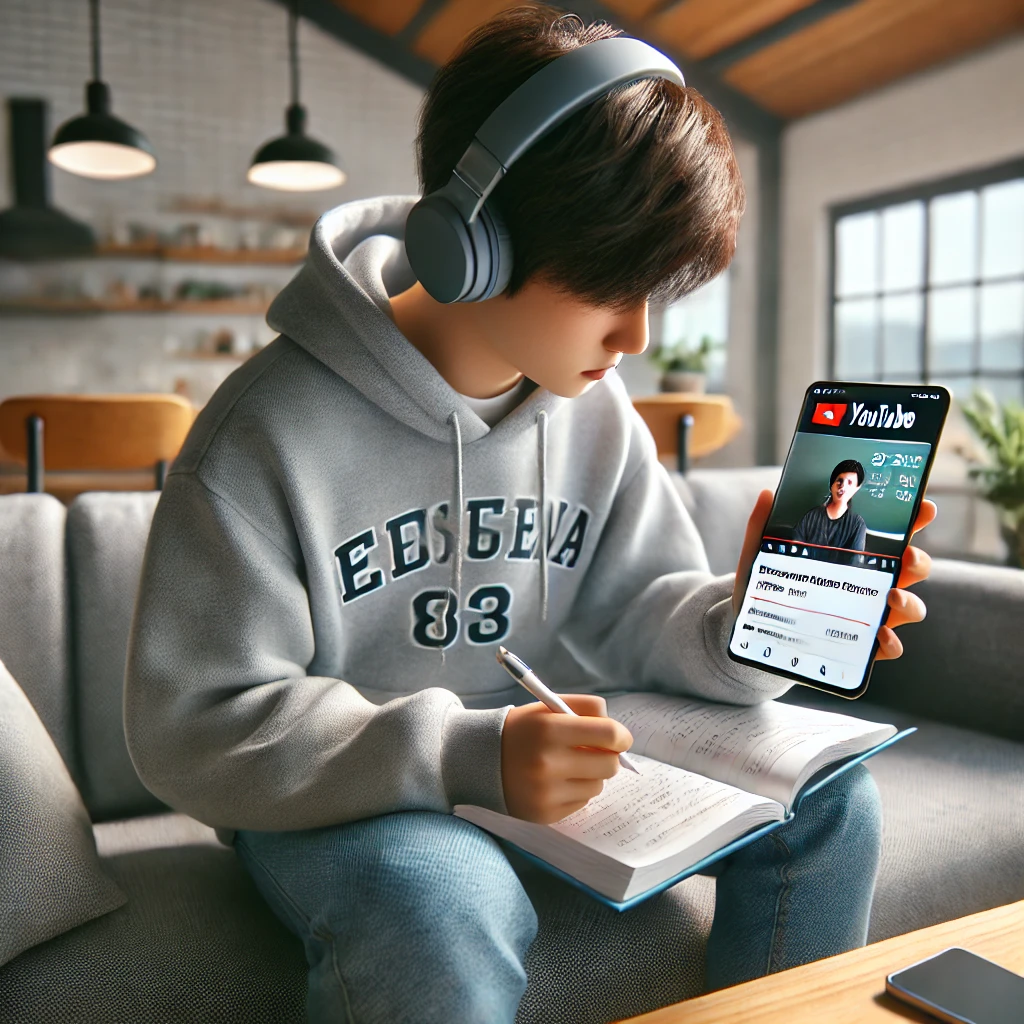 학생이 스마트폰으로 워드프로세서 기출문제 풀이 유튜브 강의를 시청하는 모습. 학생은 헤드폰을 착용하고 노트에 필기를 하며, 현대적인 소파에 앉아 있습니다. 방은 밝고 편안한 분위기입니다