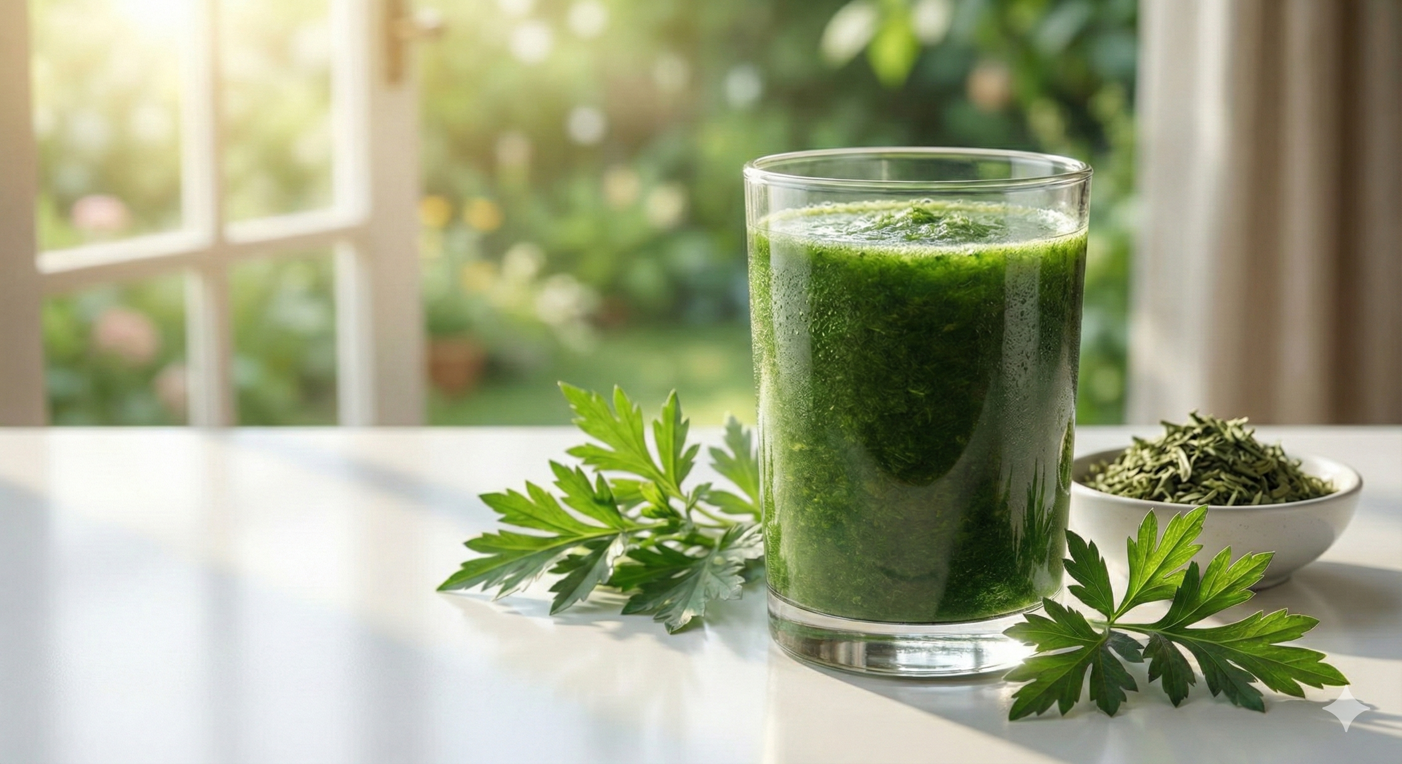 생생한 초록 에너지가 가득 담긴, 몸속 독소 배출을 돕는 청량한 그린 쑥 주스