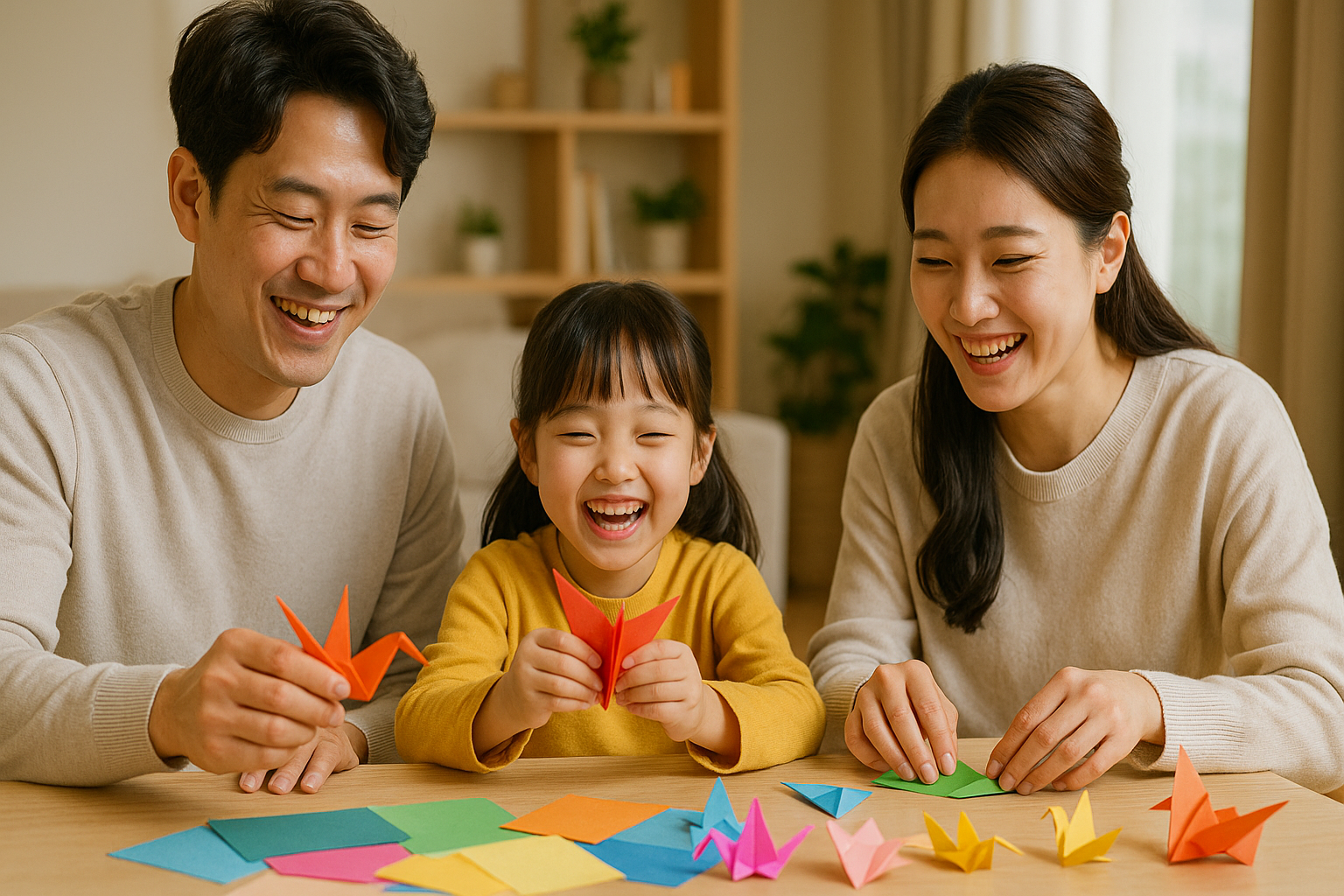 종이접기 놀이에 즐거워하는 유치원생 가족