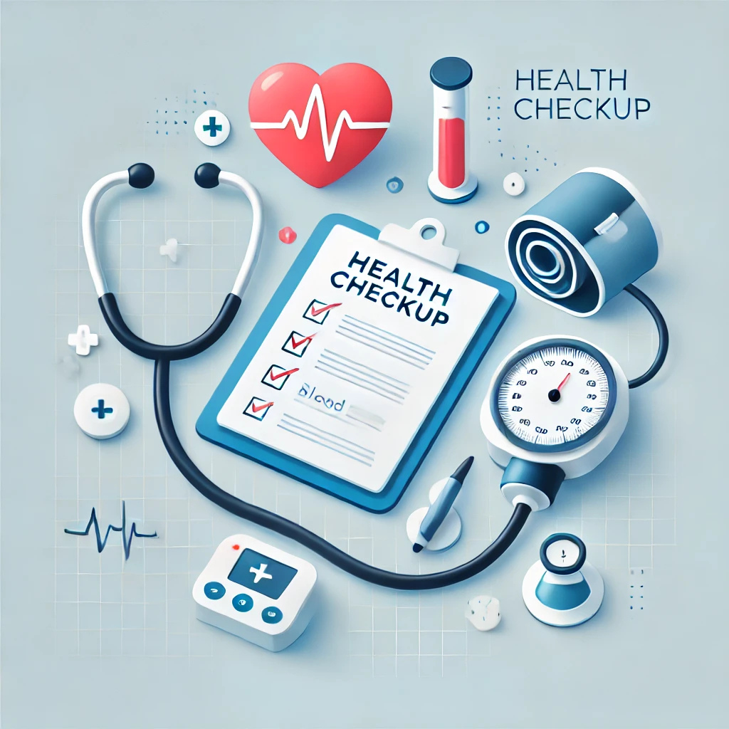 청진기, 체크리스트, 혈압계, 달력 등이 조화롭게 구성되어 건강 검진의 중요성을 시각적으로 표현한 이미지