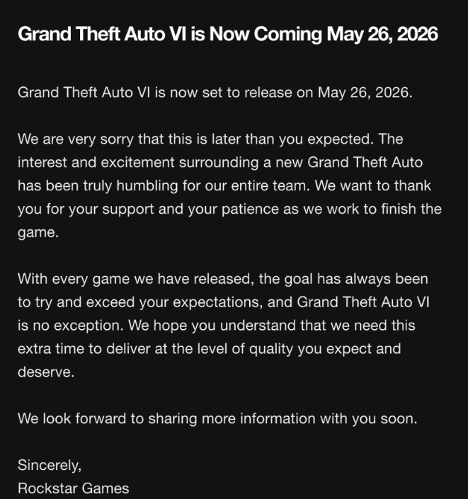 1년 연기된 GTA6, 출시일 2026년 5월 26일로 확정