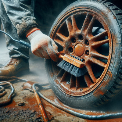 철 브러시로 녹슨 타이어 휠을 청소하는 장면