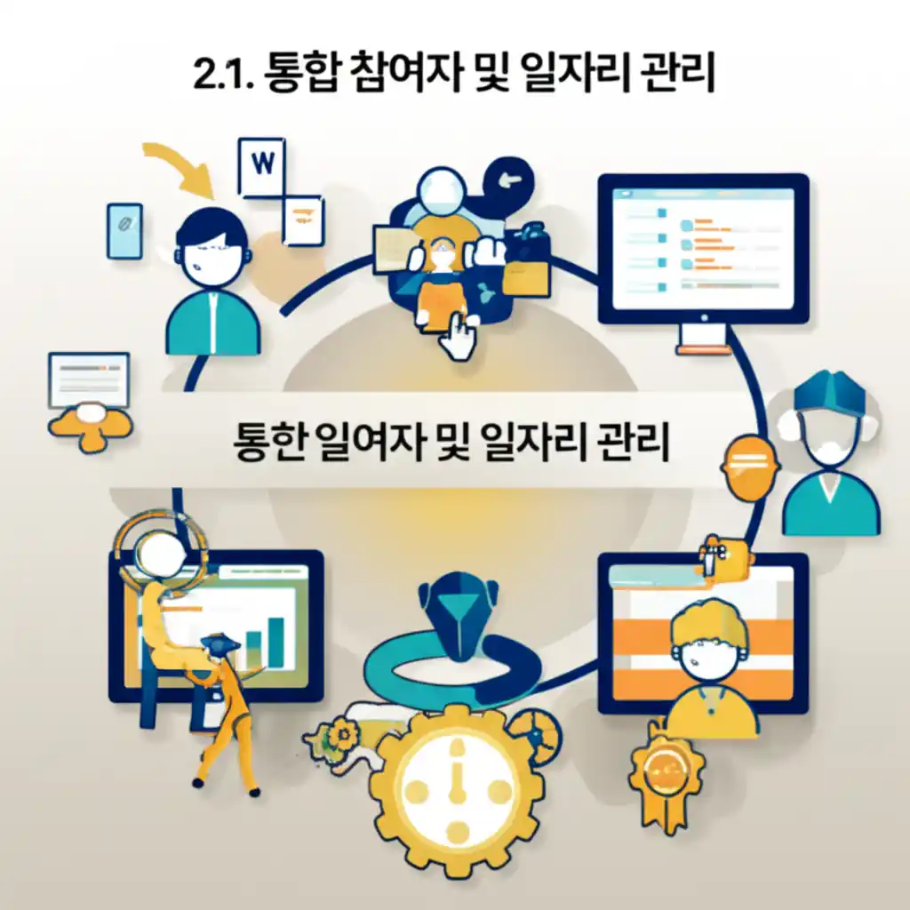 노인 일자리 업무 시스템: 통합 참여자 및 일자리 관리 기능. 참여자 등록 및 일자리 매칭 과정을 보여줍니다.