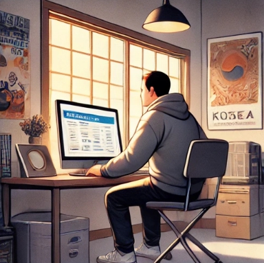 책상에 앉아 컴퓨터를 하는 남자의 모습