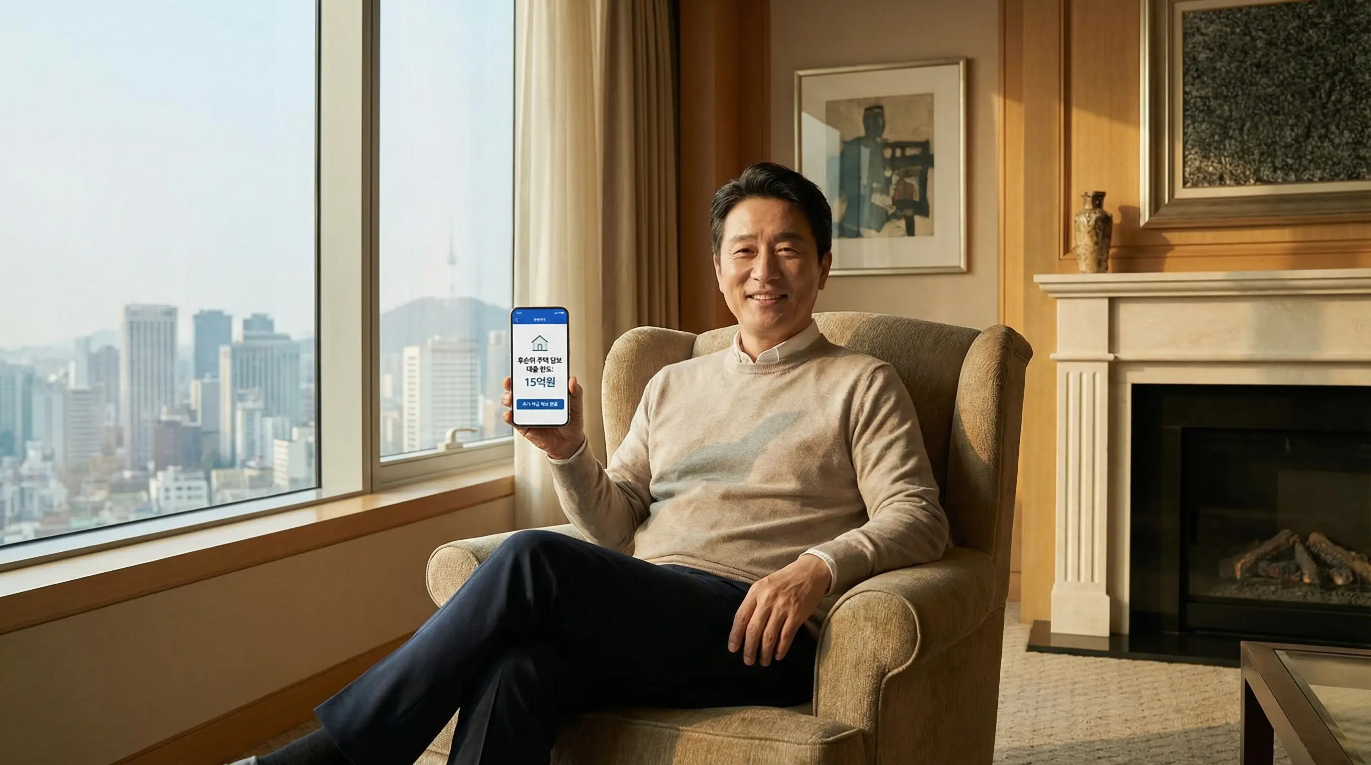 스마트폰으로 후순위 주택 담보 대출 한도를 조회하고 넉넉한 추가 자금을 확보하여 안도하는 자산가의 모습