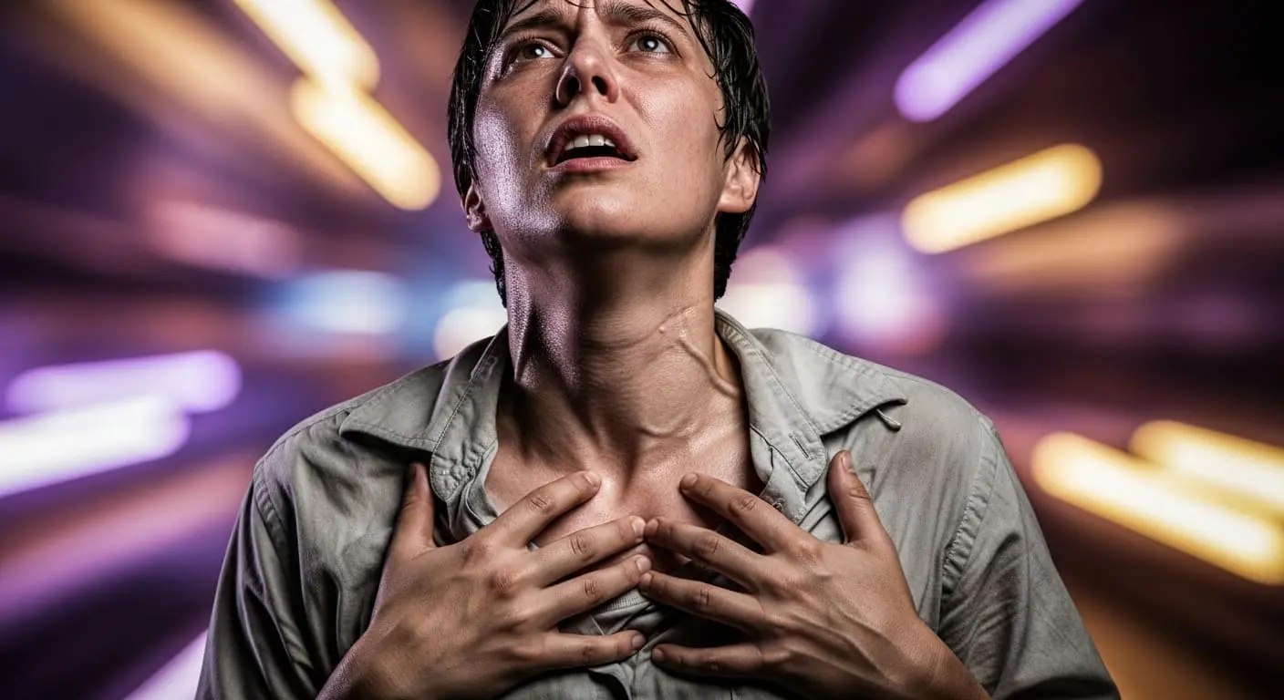 숨이 가쁘고 가슴을 움켜쥐고 있는 사람의 모습. 심근경색으로 인한 호흡 곤란과 극심한 불편함을 표현.