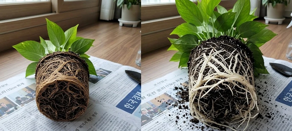 작은 화분에서 꺼낸 갈색으로 뭉친 뿌리와 큰 화분에서 꺼낸 하얗고 건강한 뿌리 비교 사진