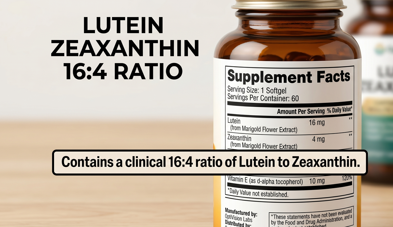 Nutrition facts label highlighting 16 to 4 ratio of Lutein to Zeaxanthin / 루테인 지아잔틴 16:4 비율이 표시된 영양 성분표