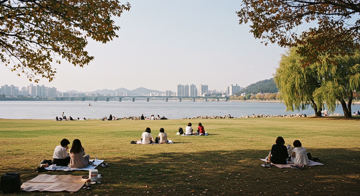 노들 글로벌 예술섬 공사 전, 시민들이 잔디마당에서 휴식을 취하고 있는 현재 노들섬의 평화로운 전경