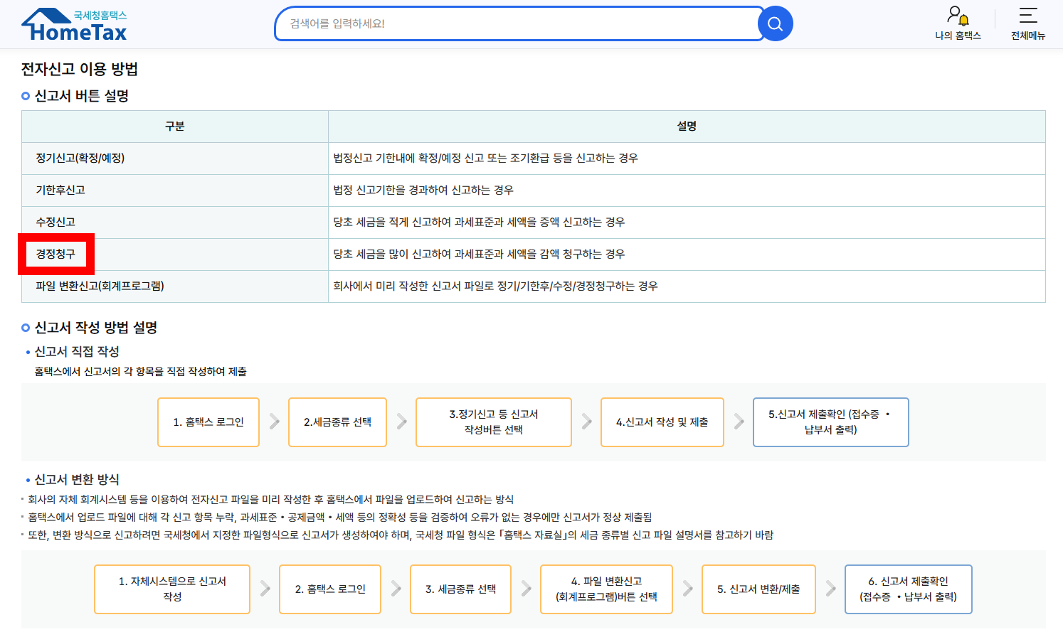 홈택스 경정청구 안내 화면