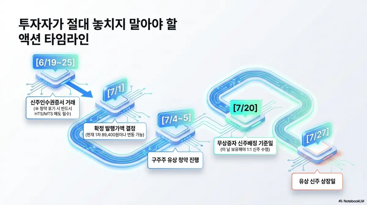 티엘비 주가 전망: 티엘비 유상증자와 무상증자의 주요 일정을 정리한 타임라인 인포그래픽입니다. 신주인수권증서 거래(6/19~25)&amp;#44; 확정 발행가 결정(7/1)&amp;#44; 구주주 청약&amp;#44; 무상증자 신주배정 기준일(7/20)&amp;#44; 유상 신주 상장일(7/27)을 순서대로 시각화하며&amp;#44; 블로그의 티엘비 청약 일정 안내와 연결됩니다.