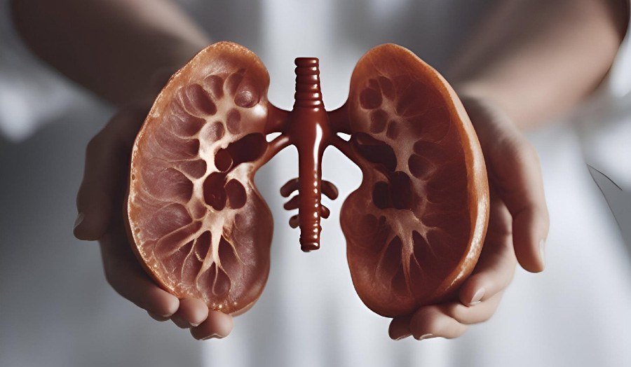 인체의 오장육부 중에서 콩팥, 즉 신장을 모형으로 만든 것을 양쪽 손으로 들고 있는 것을 찍은 사진