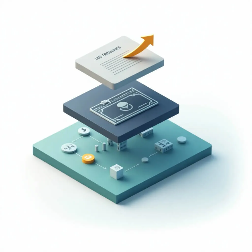 미국 RWA 토큰화:3단 계층형 플랫폼 위에 은행 건물, 코인, 계약서 아이콘이 올라가 있는 구조로, 하단의 국채·RWA 토큰, 중간의 프라이빗 크레딧, 상단의 DeFi와 레버리지 레이어가 자본 효율성을 높이는 미국 RWA 생태계를 표현한 일러스트 (US Treasury tokens, private credit, DeFi RWA capital efficiency)