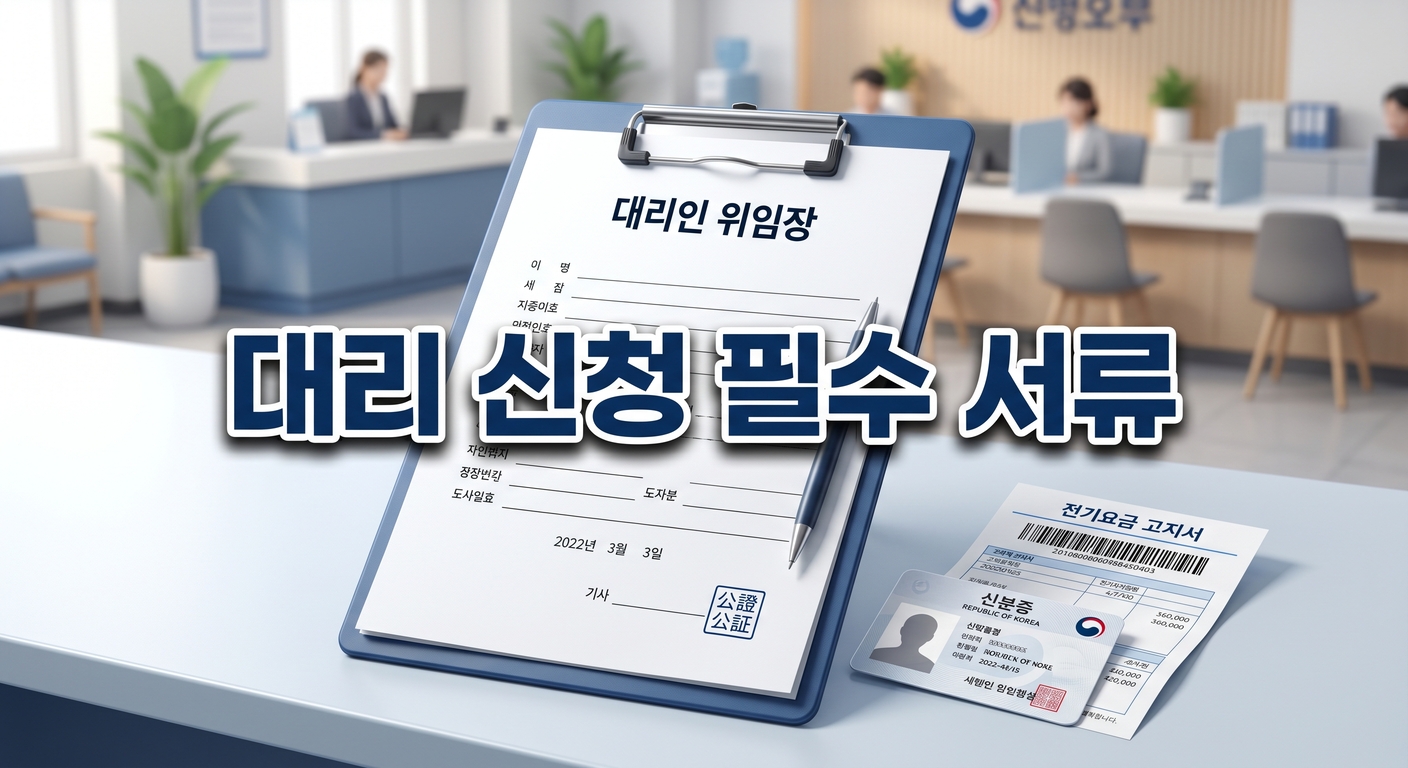 클립보드에 고정된 공식 위임장 문서와 신분증, 그리고 바코드가 찍힌 요금 고지서가 나란히 놓여 있는 3D 일러스트 배경에, 짙은 그림자와 외곽선으로 선명하게 강조된 '대리 신청 필수 서류'라는 한글 문구가 중앙에 적힌 이미지