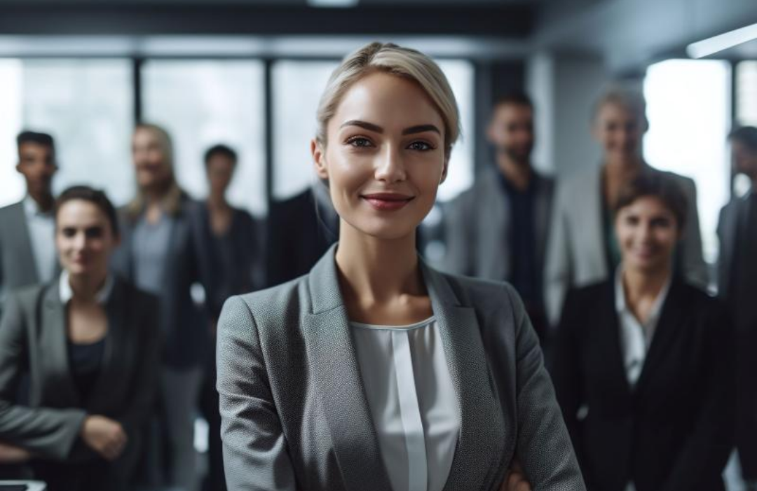 한 여성이 팔짱을 끼고 당당한 표정으로 쳐다보고 있다.