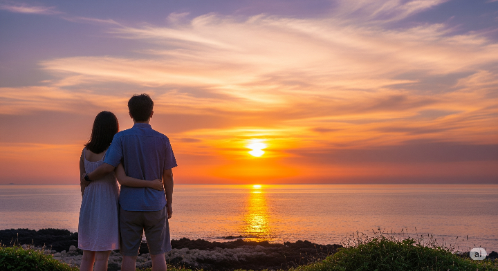 전남 해남의 땅끝마을에서 노을을 바라보는 커플