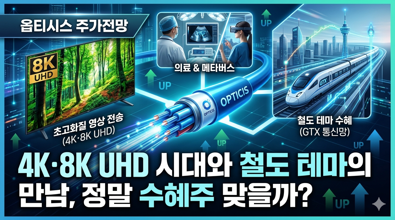 중앙의 파란색 광케이블을 중심으로 왼쪽에는 8K UHD 텔레비전 화면과 '초고화질 영상 전송', 오른쪽에는 GTX 열차와 '철도 테마 수혜', 위쪽에는 의사와 AR 헤드셋을 착용한 사람이 '의료 & 메타버스'로 연결되어 있다. 상단에는 '옵티시스 주가전망', 하단에는 '4K·8K UHD 시대와 철도 테마의 만남, 정말 수혜주 맞을까?'라는 크고 명확한 한글 텍스트가 적힌 티스토리 블로그용 썸네일 이미지.