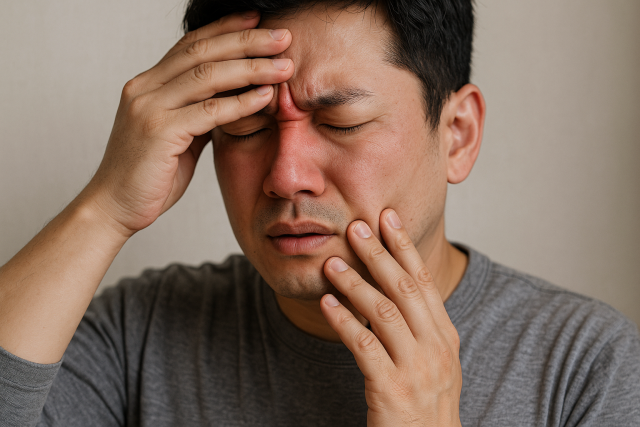 뺨과 이마를 손으로 누르며 통증을 느끼는 한국인 남성