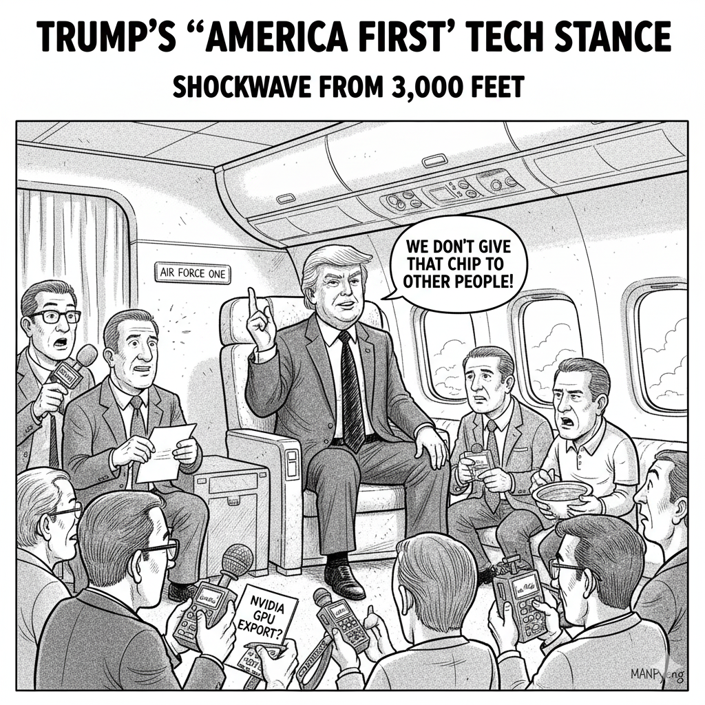 에어포스 원 안에서 기자들에게 "We don't give that chip to other people!"이라고 말하는 트럼프 대통령의 모습