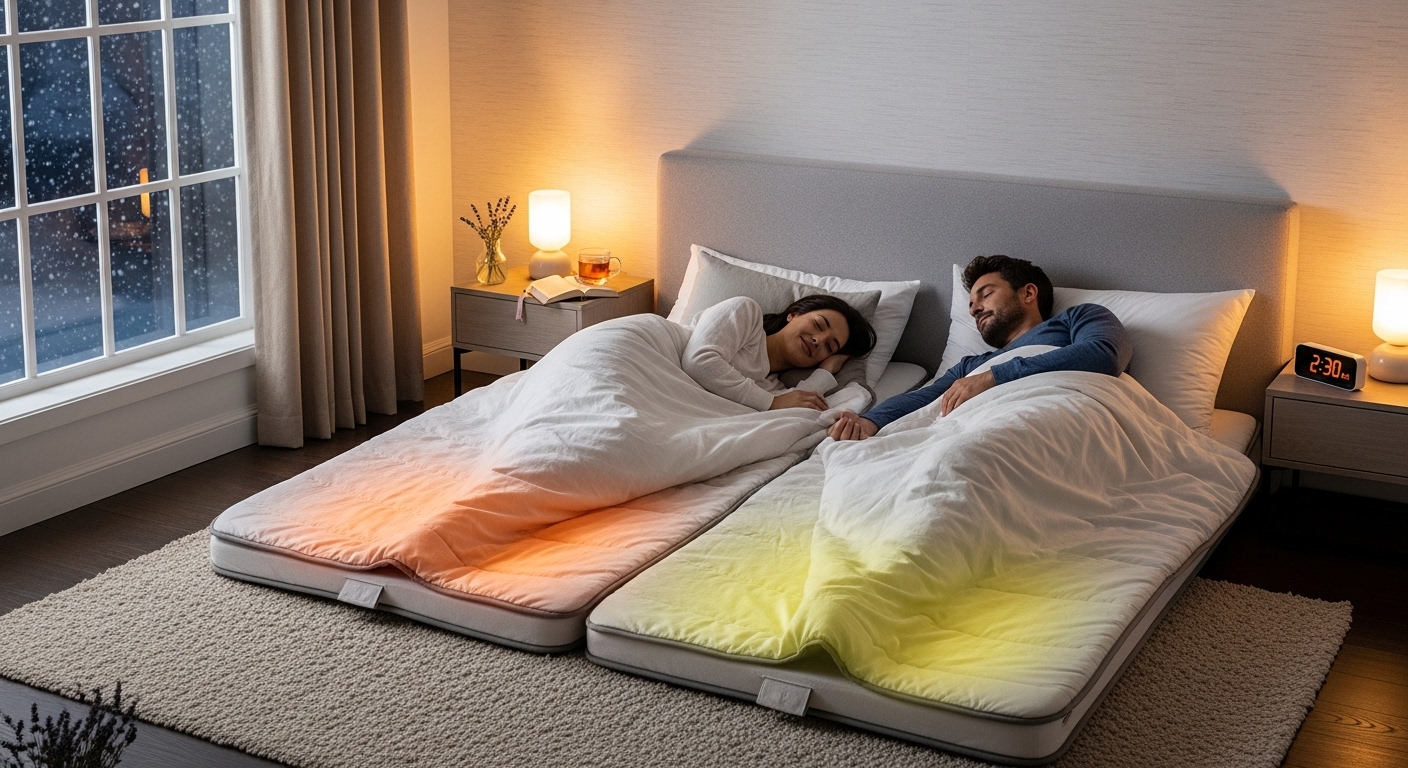 나비엔 온수 매트의 좌우 분리 난방 기능으로 각자에게 맞는 온도로 편안하게 잠든 부부의 모습