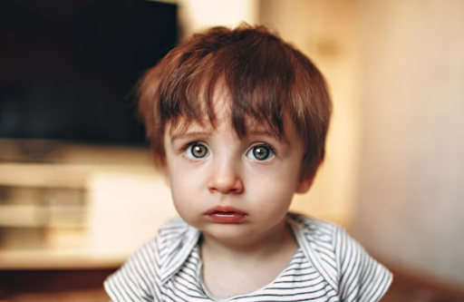 어린 아이가 한 지점을 응시하는 모습