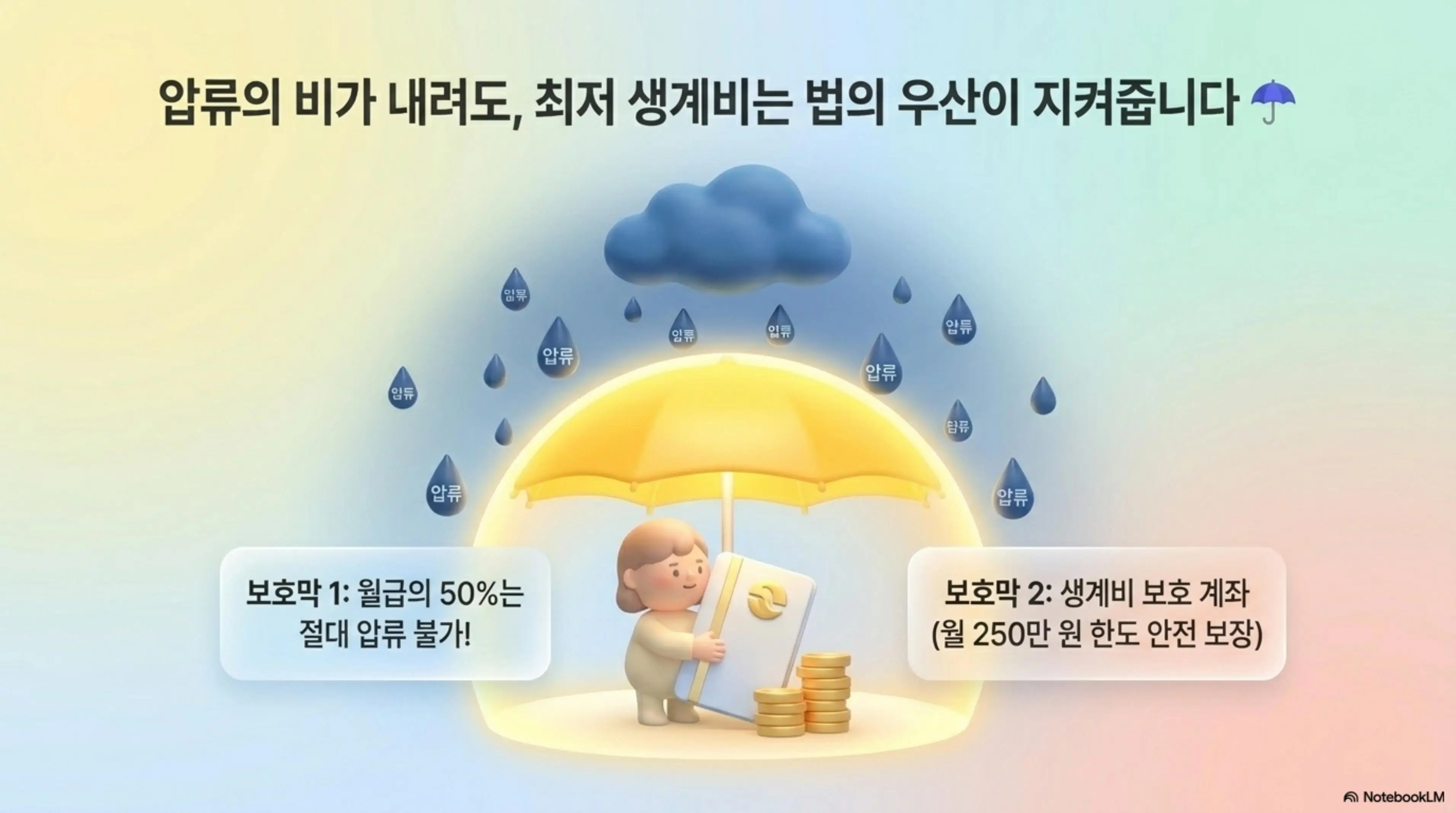 세금체납: 압류의 비가 내려도 최저 생계비는 법의 우산이 지켜줍니다라는 제목의 인포그래픽. 월급의 50퍼센트 압류 불가 규정과 생계비 보호 계좌 월 250만 원 한도 안전 보장 제도를 시각적으로 전달하며 블로그의 세금 체납 압류 생계비 보호와 관련된 내용을 설명함 