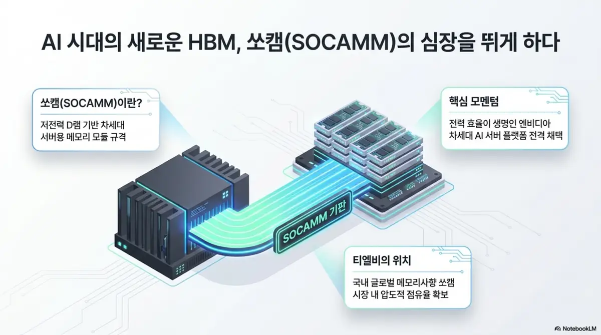 티엘비 주가 전망: 티엘비의 핵심 모멘텀인 쏘캠(SOCAMM)을 설명하는 인포그래픽입니다. 저전력 D램 기반 차세대 서버용 메모리 모듈 규격인 쏘캠이 엔비디아 AI 서버 플랫폼에 채택된 점과, 국내 글로벌 메모리사향 쏘캠 시장에서 티엘비가 확보한 위치를 시각적으로 전달하며, 블로그의 티엘비 쏘캠 사업 분석과 연결됩니다.
