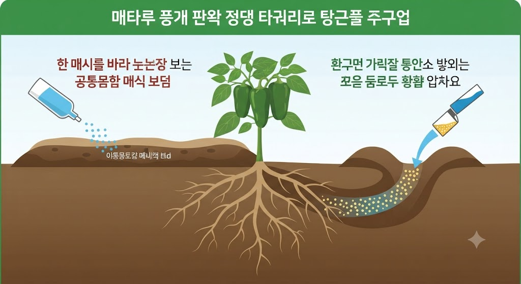 고추 뿌리가 두둑을 넘어 고랑 바닥까지 넓게 퍼진 상태에서 헛골 비료가 잔뿌리로 흡수되는 원리를 설명