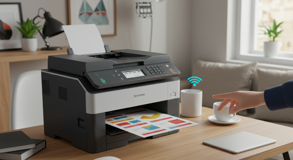 깔끔한 작업 공간에 놓인 현대적인 레이저 프린터가 생생한 컬러 문서를 출력하고 있고, 노트북에서 무선으로 연결하는 손이 보인다. 프린터 주변에는 효율성과 연결성을 강조하는 틸과 라이트그레이 색상의 요소들이 배치되어 있다.