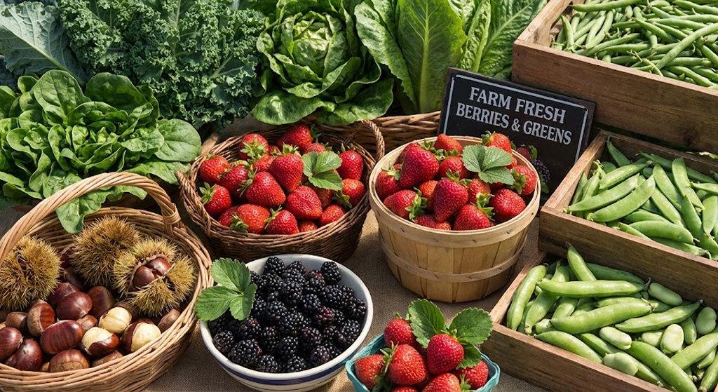 베리, 알밤, 쌈채소등이 모여있는 사진