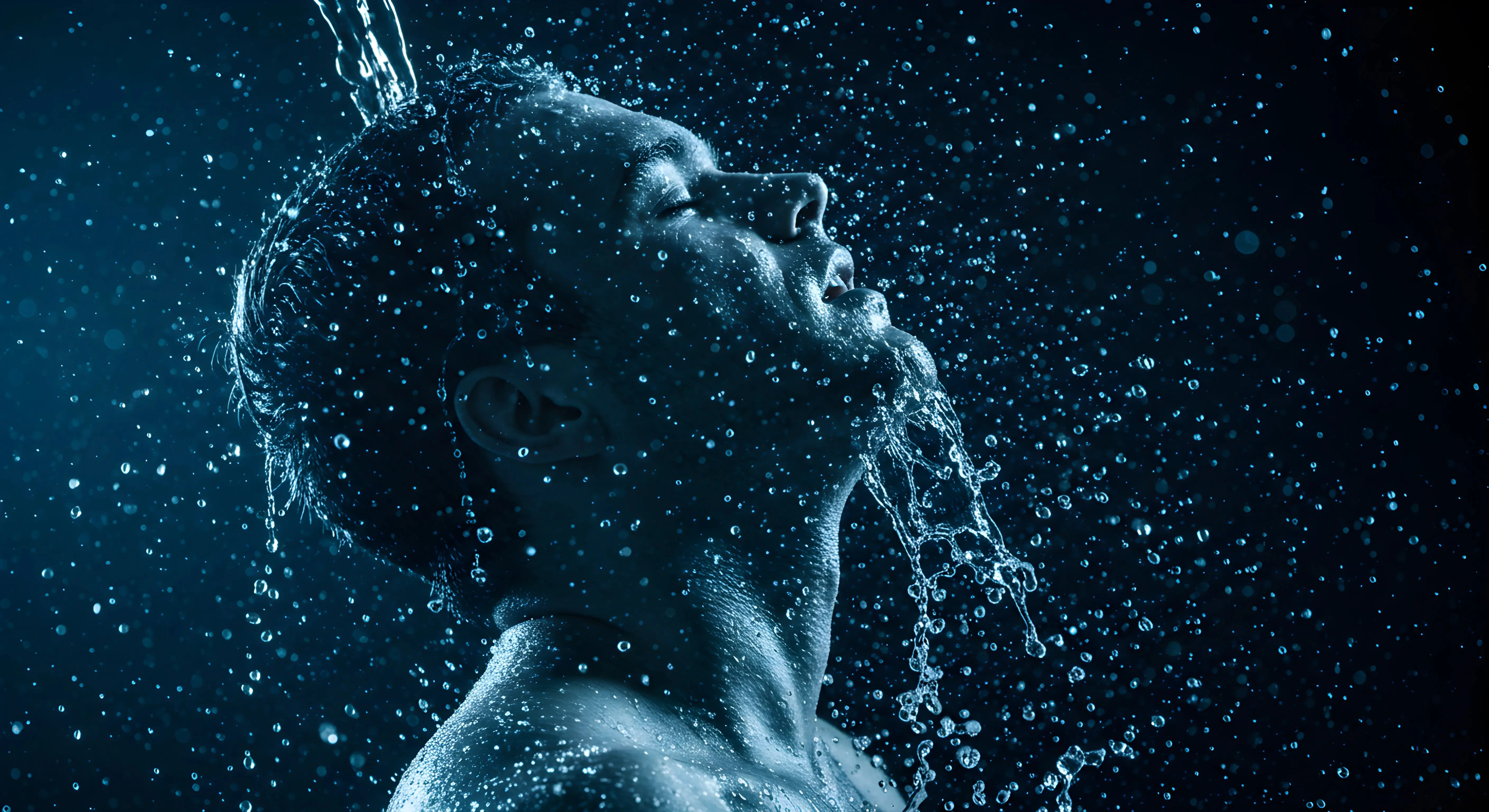 찬물이 쏟아지는 가운데 눈을 감고 있는 사람의 얼굴과 어깨, 파란 색조의 배경에 물방울이 공중에 흩어지며 콜드 테라피의 순간을 극적으로 포착한 모습