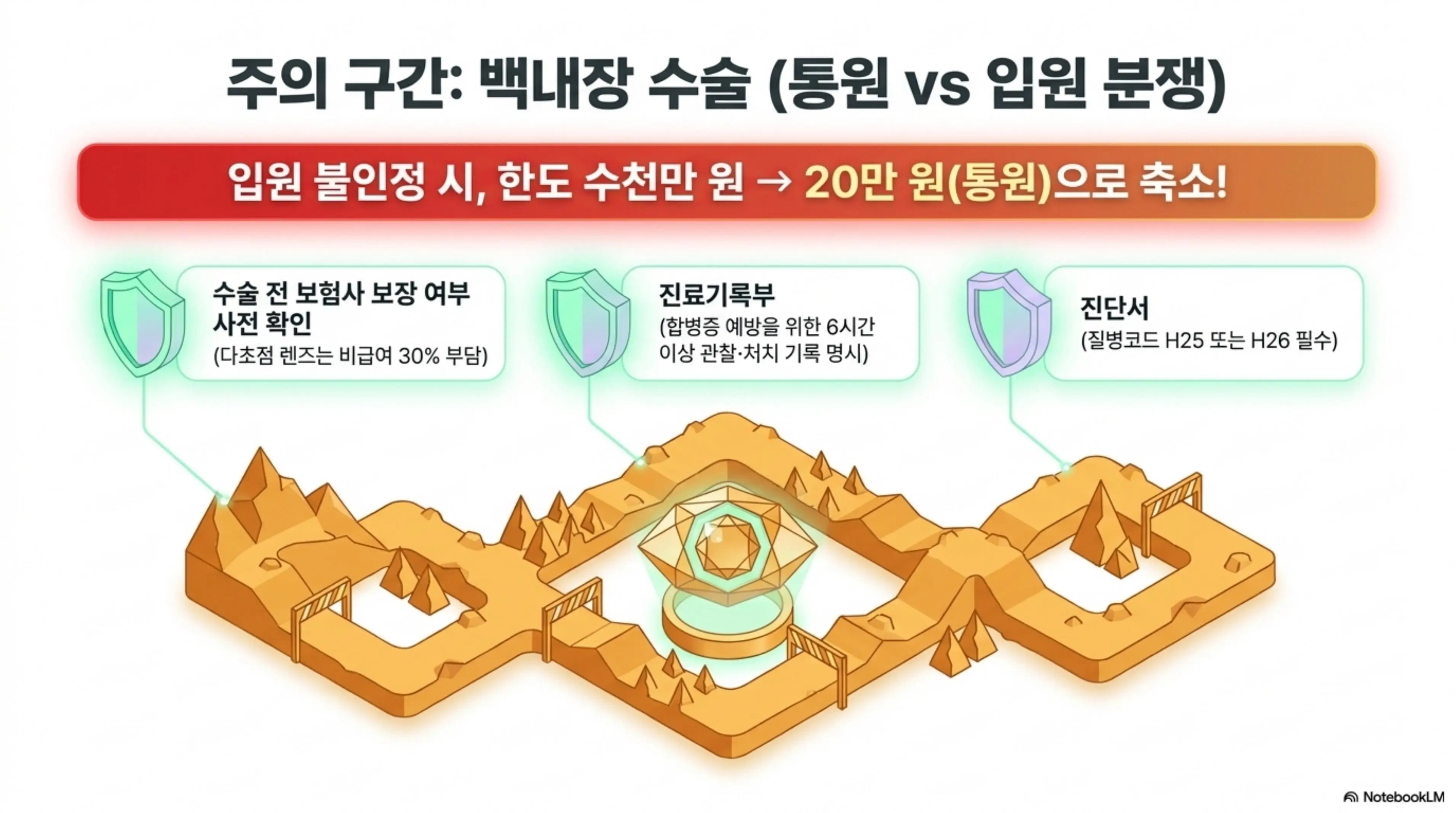 실비 입원비 청구: 백내장 수술 실손보험 입원 인정과 통원 분쟁을 설명하는 인포그래픽. 입원 불인정 시 한도가 수천만 원에서 20만 원 통원으로 축소되며 수술 전 보험사 보장 여부 사전 확인과 진료기록부 기재 그리고 질병코드 명시가 필요하다는 내용을 시각적으로 전달하며 블로그의 실비 입원비 보장 총정리와 관련된 내용을 설명함