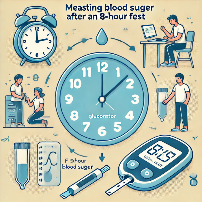 8시간 공복 후 혈당 측정 과정을 보여주는 그래픽