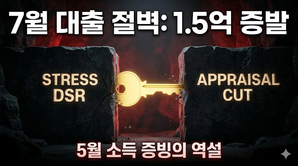 [대출 규제]: 스트레스 DSR 3단계와 탁상 감정가 삭감이 황금 열쇠를 압착하는 대출 절벽 상징 대표 이미지 by Finory