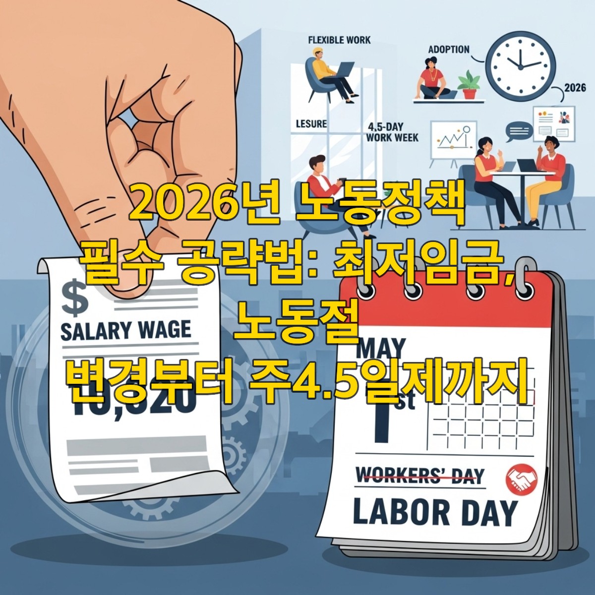 2026년 최저임금 10,320원 인상과 근로자의 날이 노동절로 변경된 달력, 그리고 주 4.5일제를 상징하는 유연한 근무 환경이 조화롭게 표현된 이미지.
