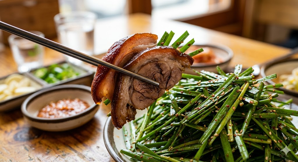 젓가락으로 든 윤기 흐르는 족발과 신선한 부추무침 클로즈업 사진