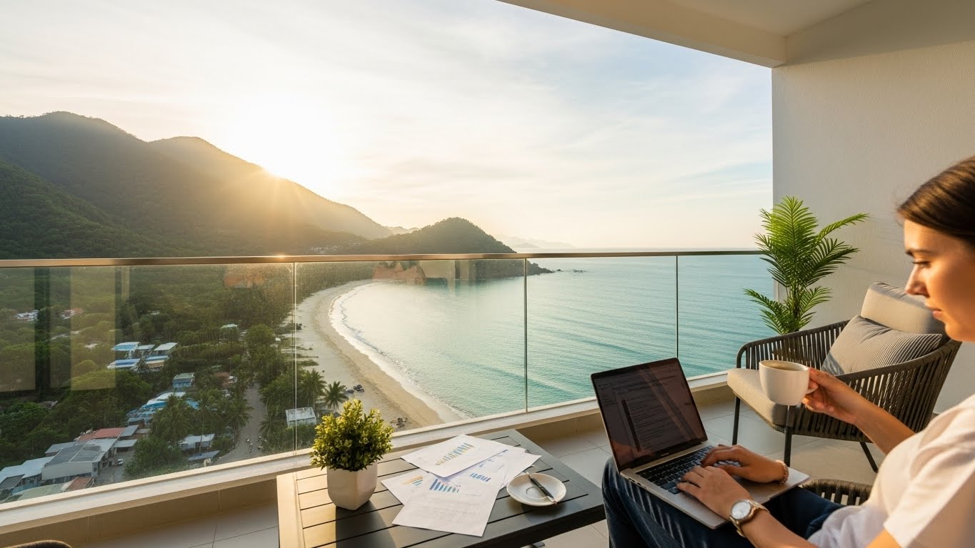 아름다운 풍경을 배경으로 워케이션을 즐기는 사람