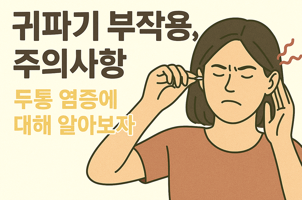 귀를 파고 있는 여성, 귀가 아픈듯 찡그린 표정을 하고 있습니다.