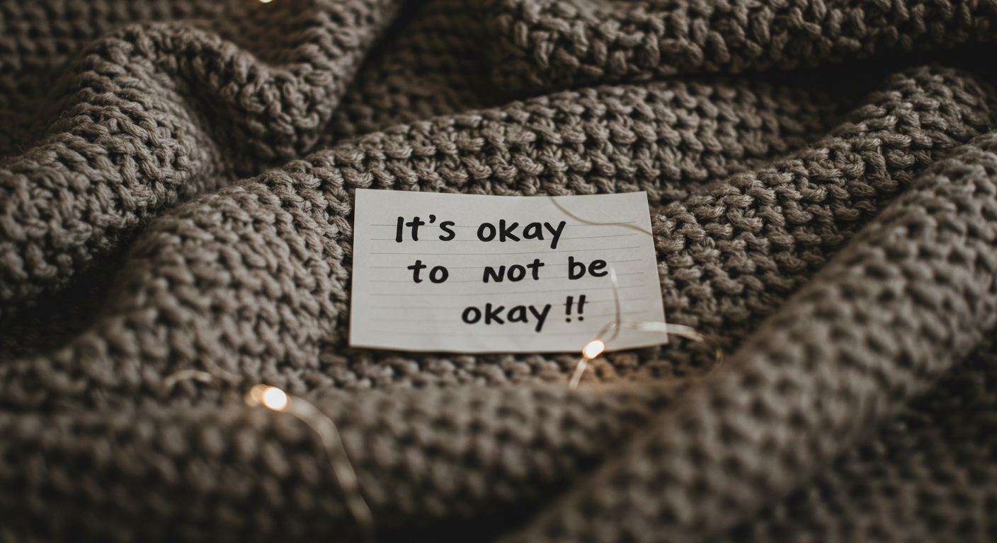 부드러운 담요 위에 놓인 작은 쪽지, 감정을 드러내도 괜찮다는 메시지를 담은 이미지