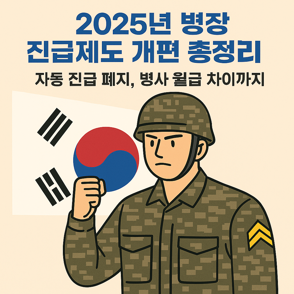 2025년 병장 진급제도 개편 요약 썸네일 - 자동 진급 폐지와 병사 월급 차이 안내, 태극기 배경의 군인 일러스트