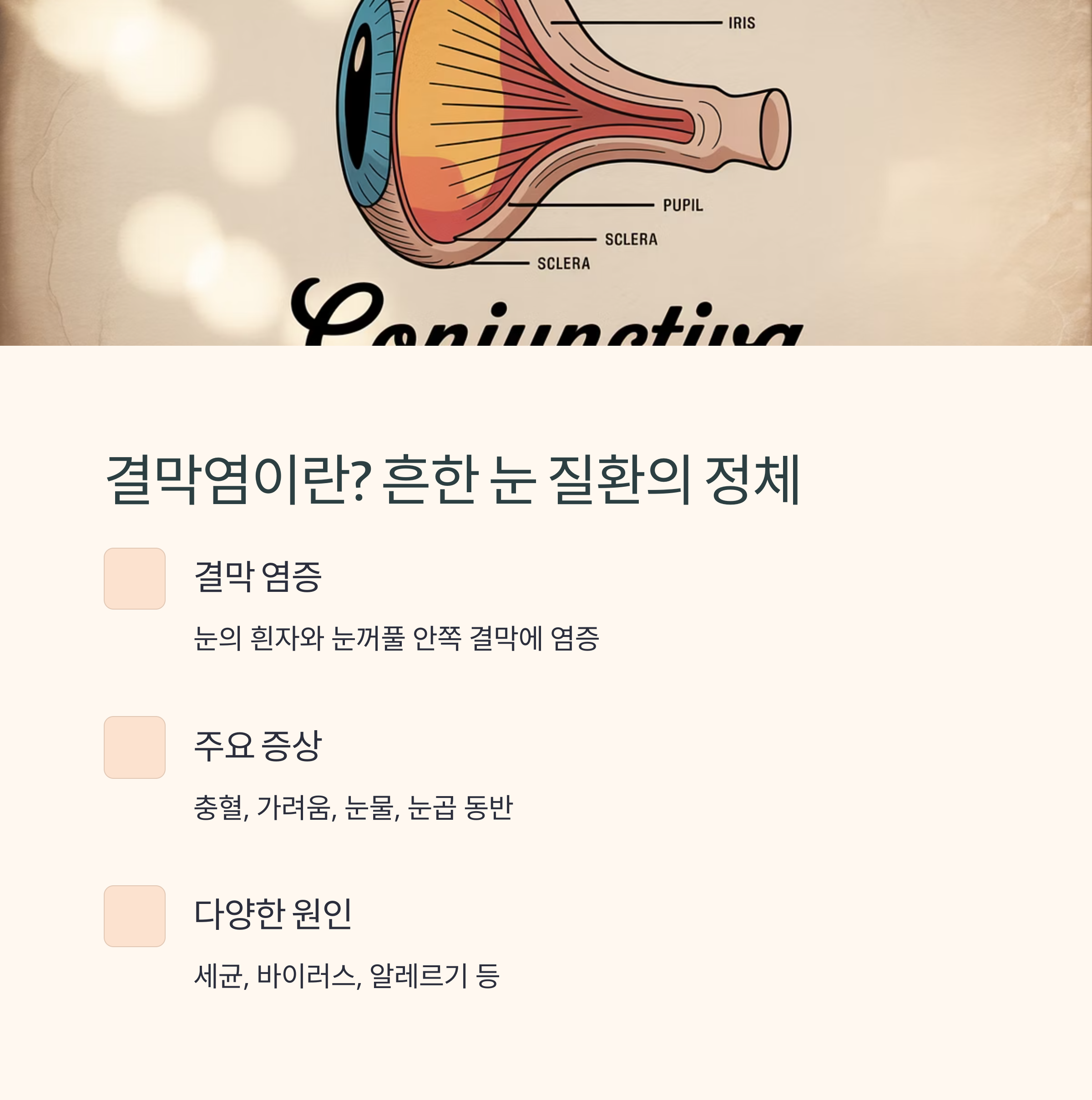 결막염의 정의, 주요 증상과 원인을 설명하는 인포그래픽 이미지